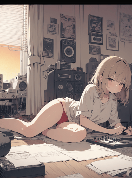 girl, audio equipment, room