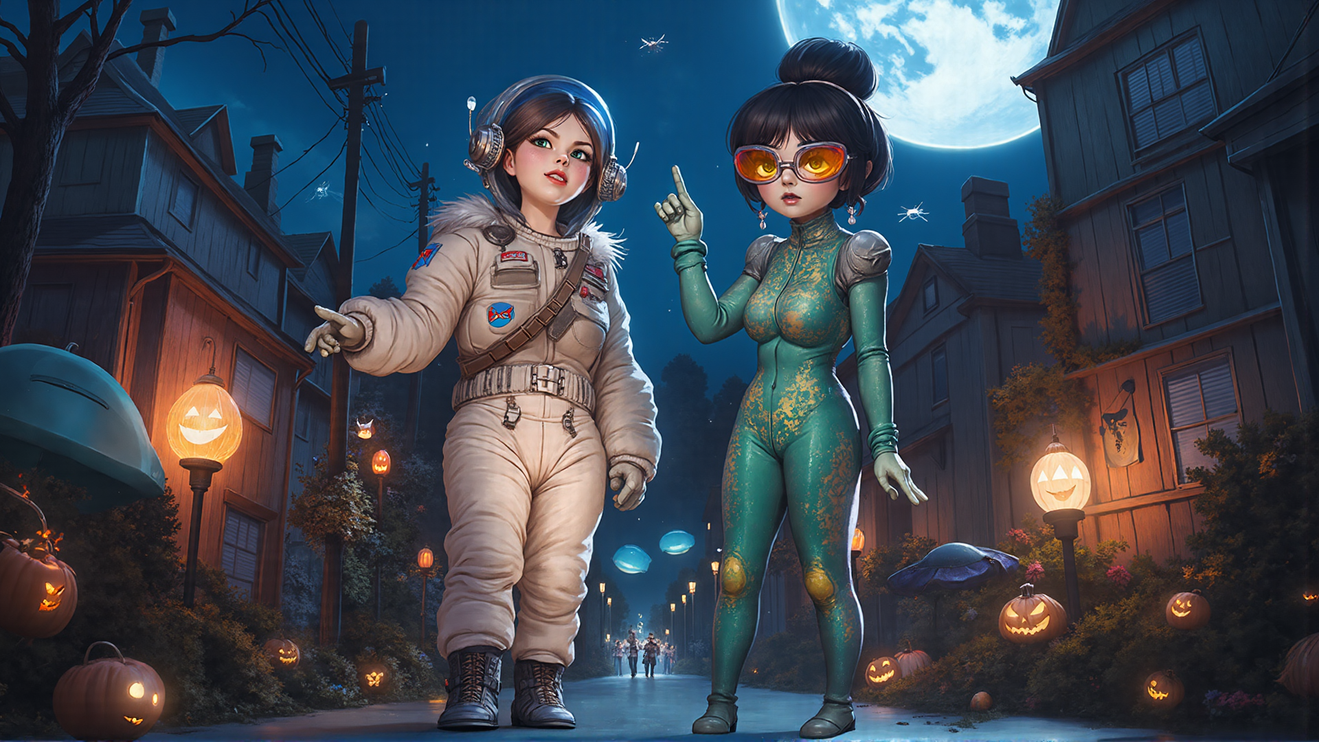 AI generated wallpaper featuring astronaut, woman, pumpkin, street, house, goggles, moon, umbrella, lamps, costume