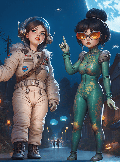 astronaut, woman, pumpkin, street, house, goggles, moon, umbrella, lamps, costume