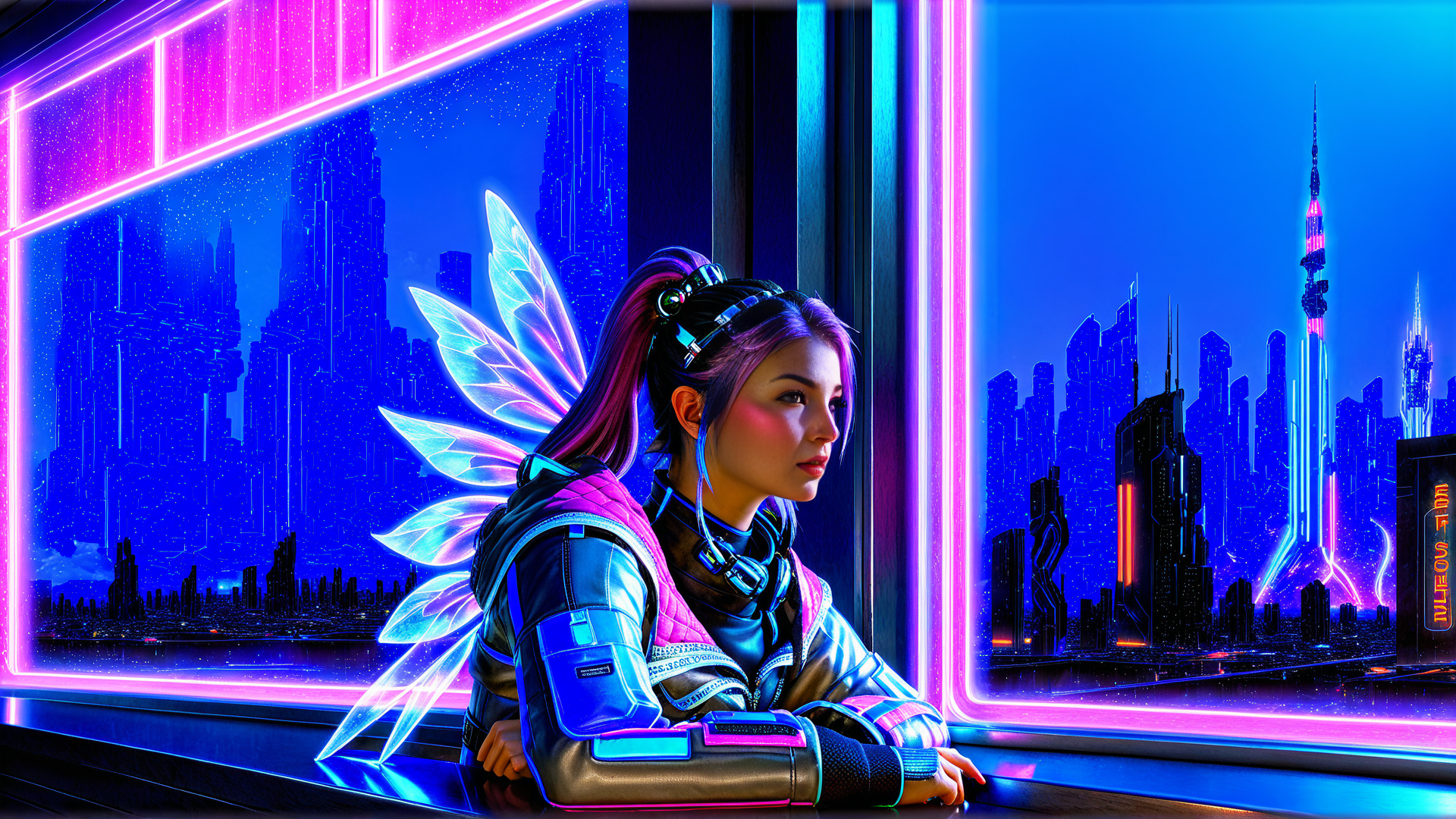 AI generated wallpaper featuring cyberpunk, fairy, woman