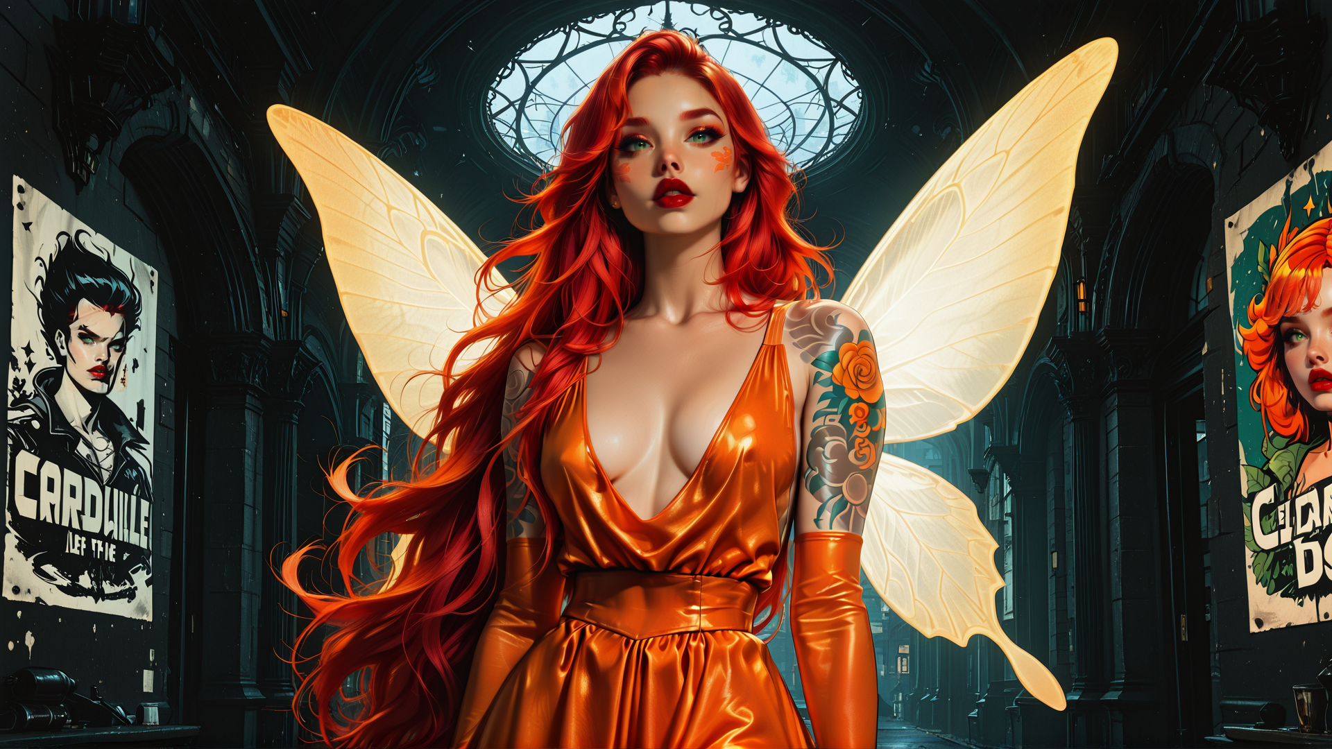 AI generated wallpaper featuring woman, fairy, wing, dress, tattoo, poster, building