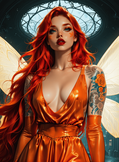 woman, fairy, wing, dress, tattoo, poster, building