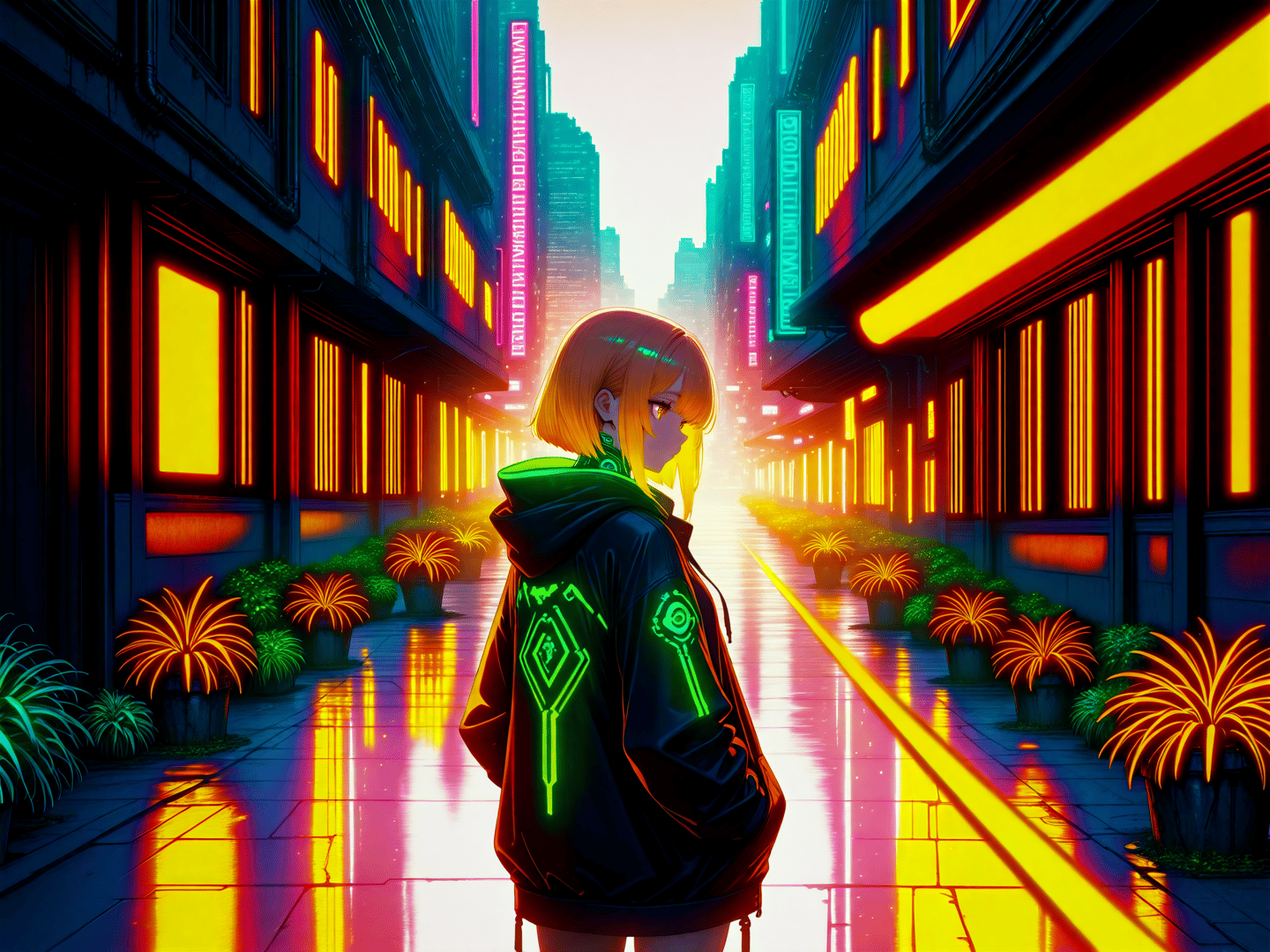 AI generated wallpaper featuring girl, neon, city