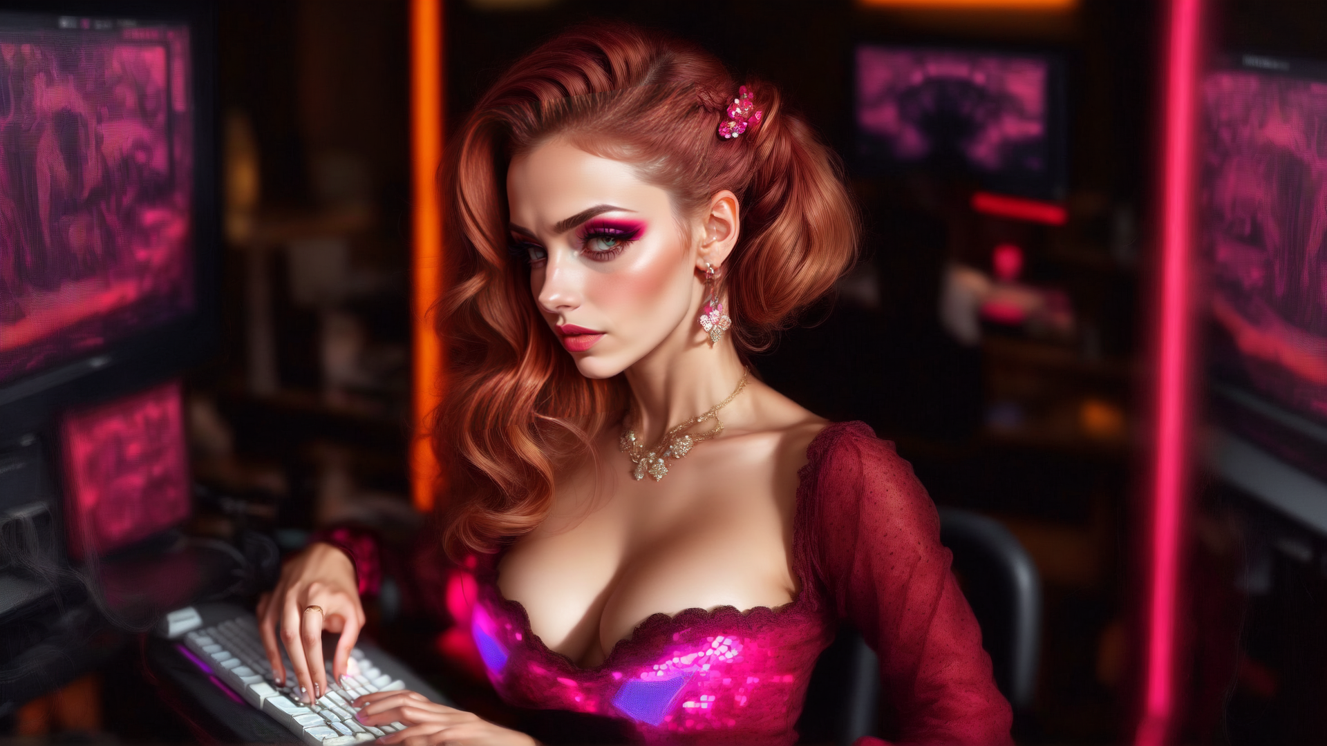 AI generated wallpaper featuring woman, gamer, keyboard