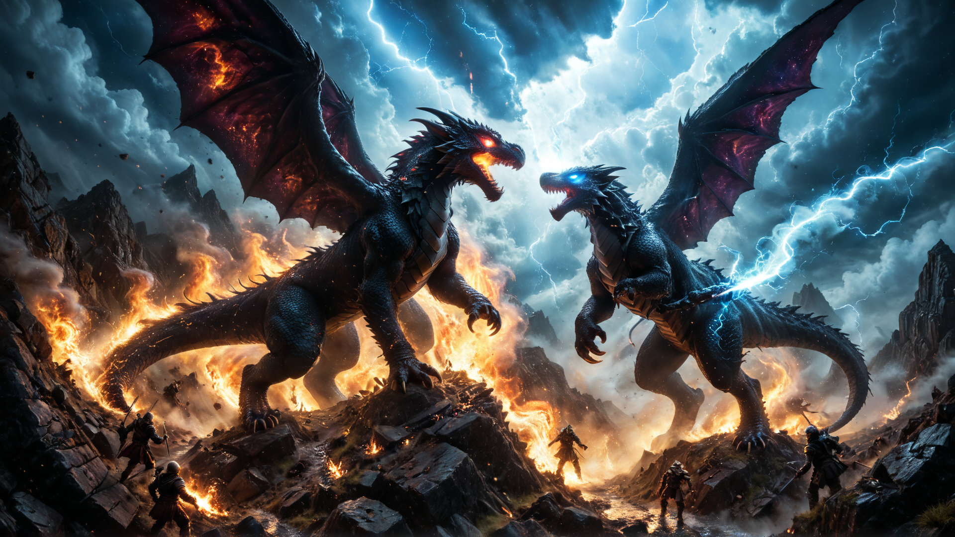 AI generated wallpaper featuring dragons, knights, mountains