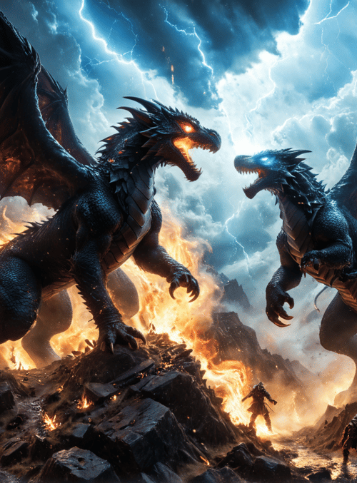 dragons, knights, mountains