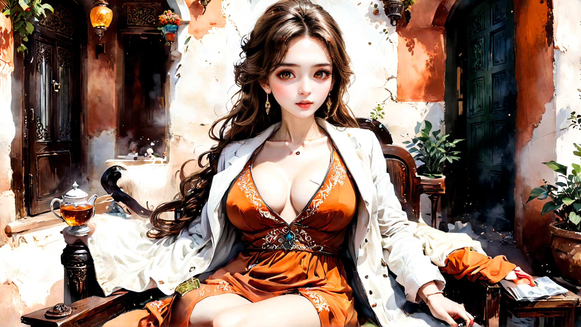 AI generated wallpaper featuring woman, chair, teapot