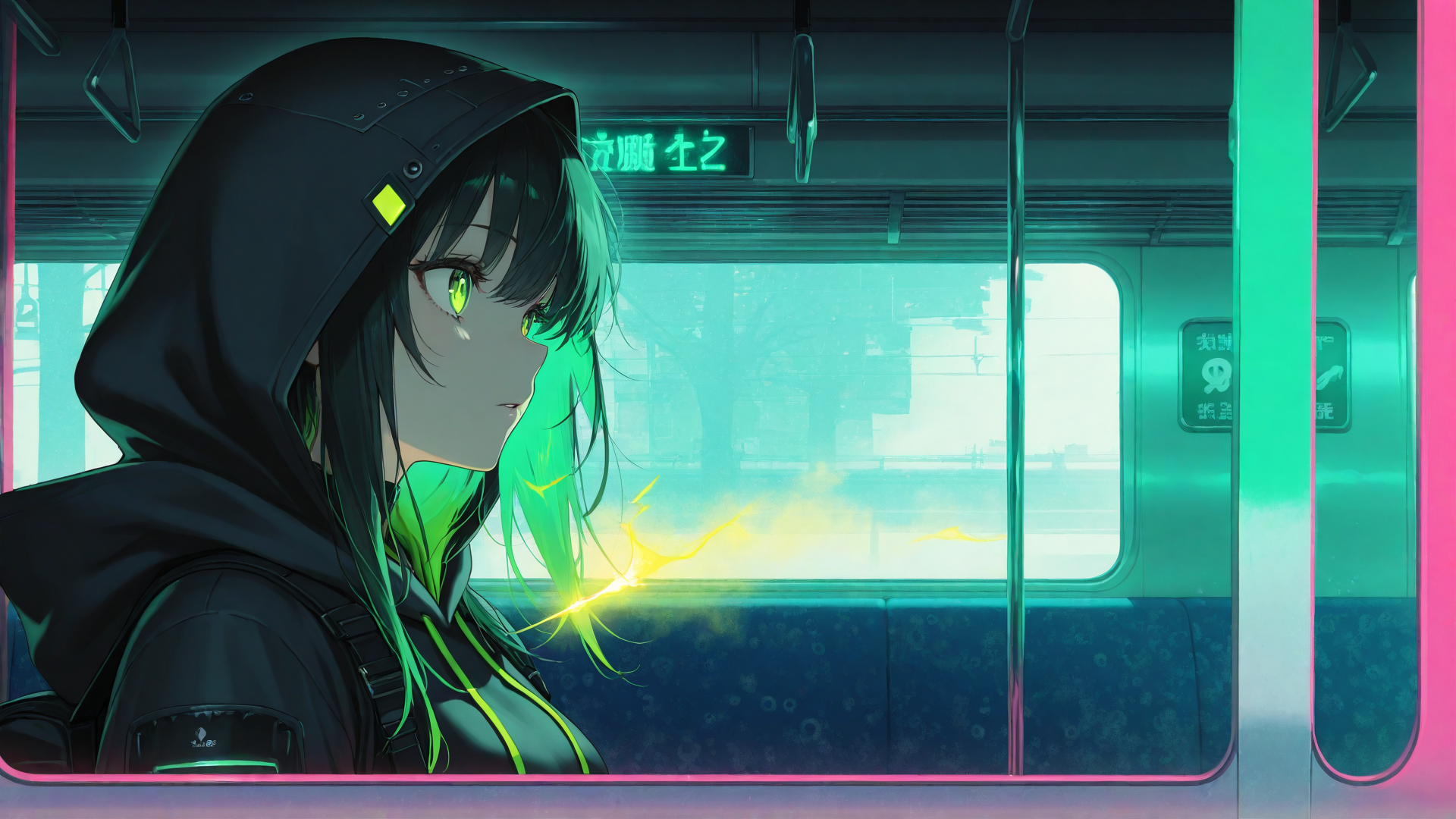 AI generated wallpaper featuring girl, train, neon
