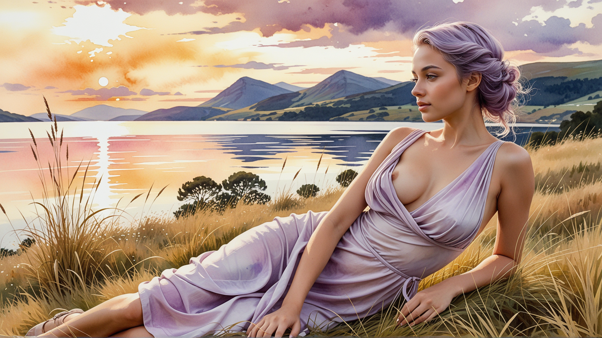 AI generated wallpaper featuring woman, dress, grass, lake, mountains, sun, trees, sunset, hair, sandals