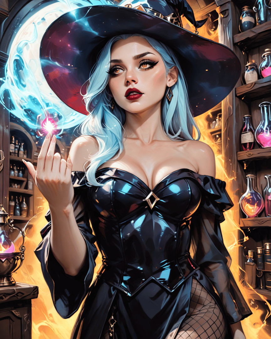 AI generated wallpaper featuring witch, bottle, flame, magic, hat, woman, spell, gloves, vial, spark