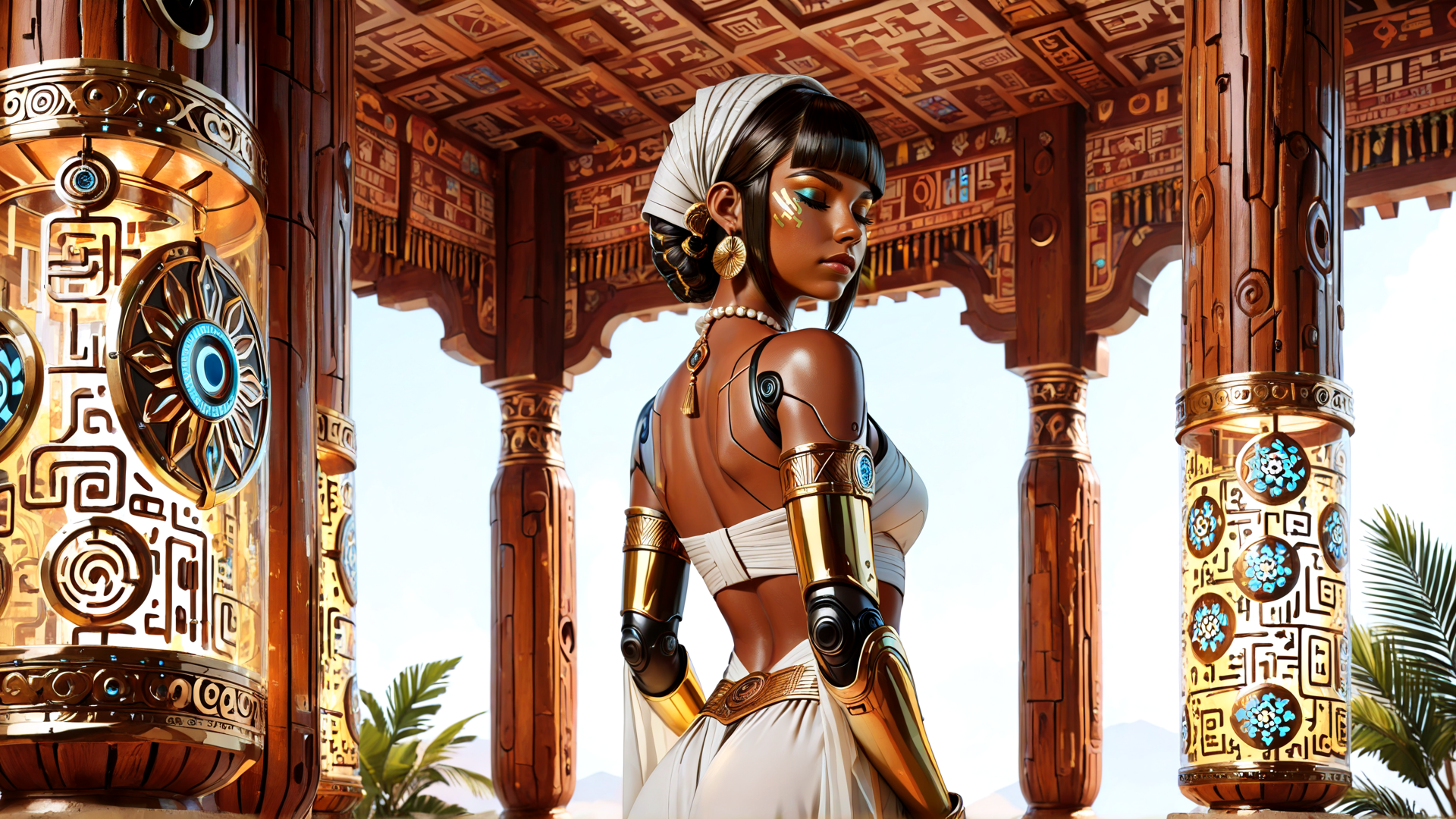 AI generated wallpaper featuring woman, robot, ancient, goddess, futurism, tribal, cylinder, column, symbol, art