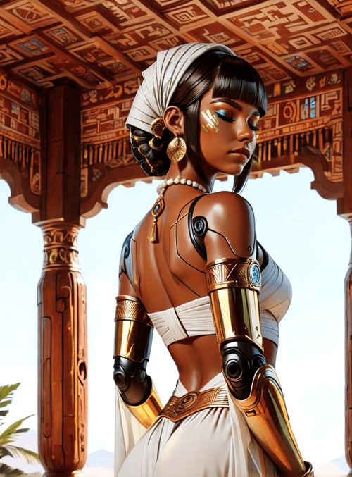 woman, robot, ancient, goddess, futurism, tribal, cylinder, column, symbol, art
