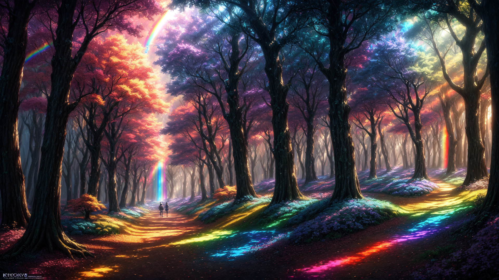 AI generated wallpaper featuring forest, rainbow, people