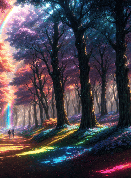 forest, rainbow, people
