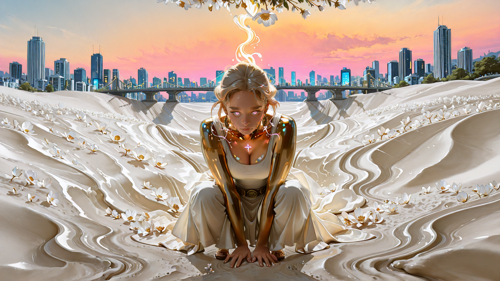 AI generated wallpaper featuring woman, cityscape, flowers, sand, sunset, bridge, lotus, glow, chandelier, golden