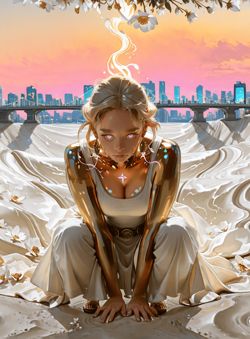 woman, cityscape, flowers, sand, sunset, bridge, lotus, glow, chandelier, golden