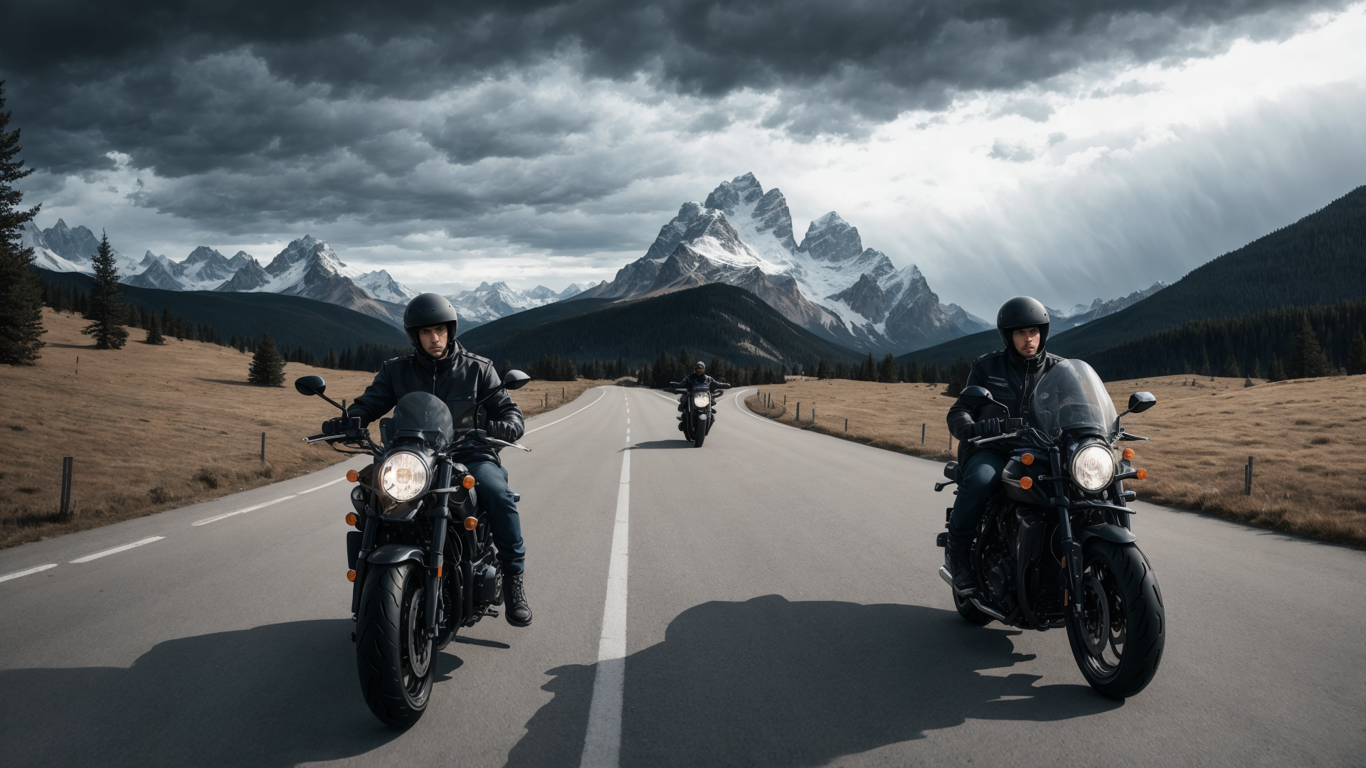 AI generated wallpaper featuring motorcyclists, mountains, road