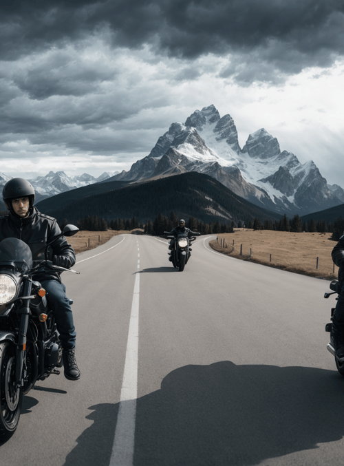 motorcyclists, mountains, road