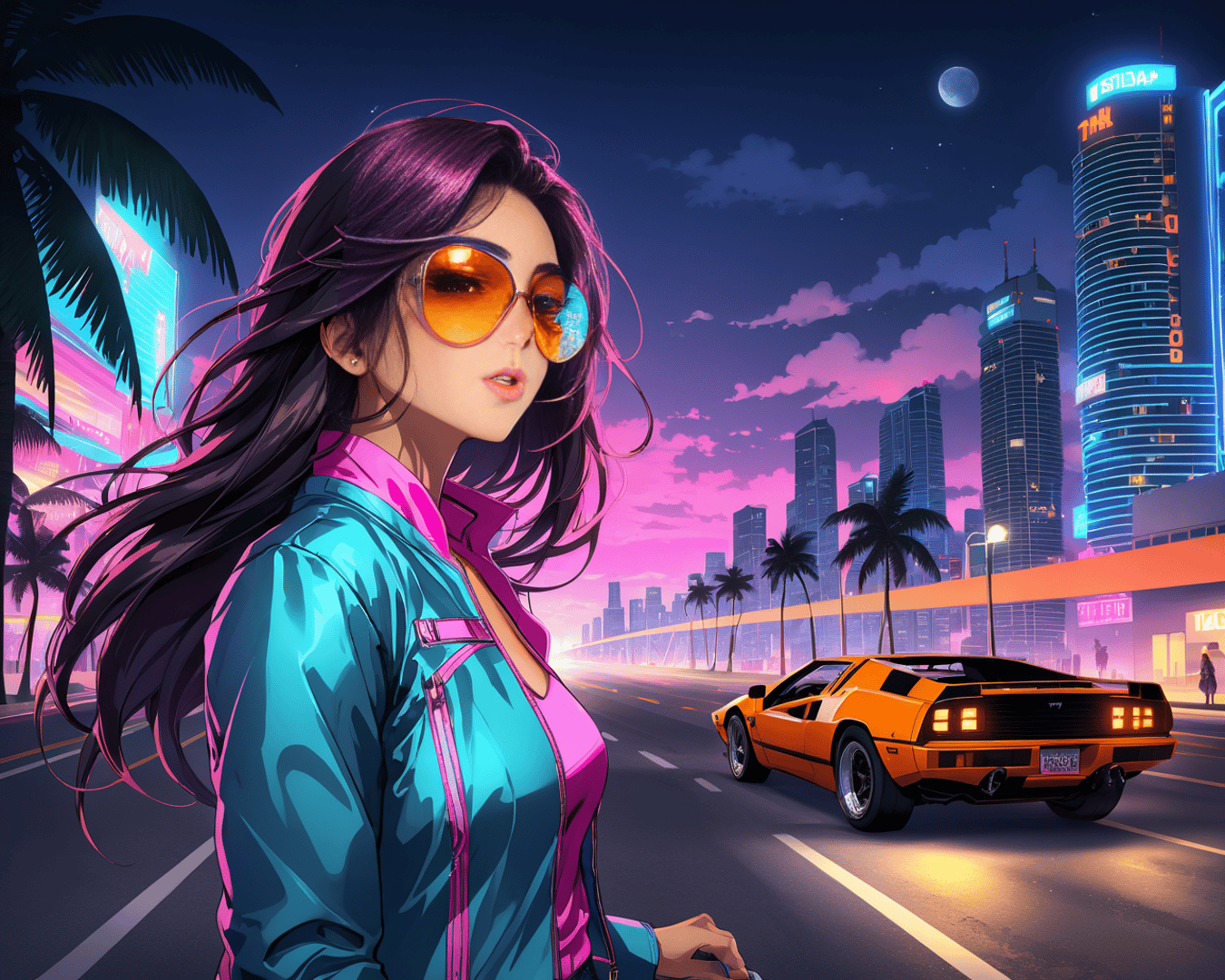 AI generated wallpaper featuring woman, car, city