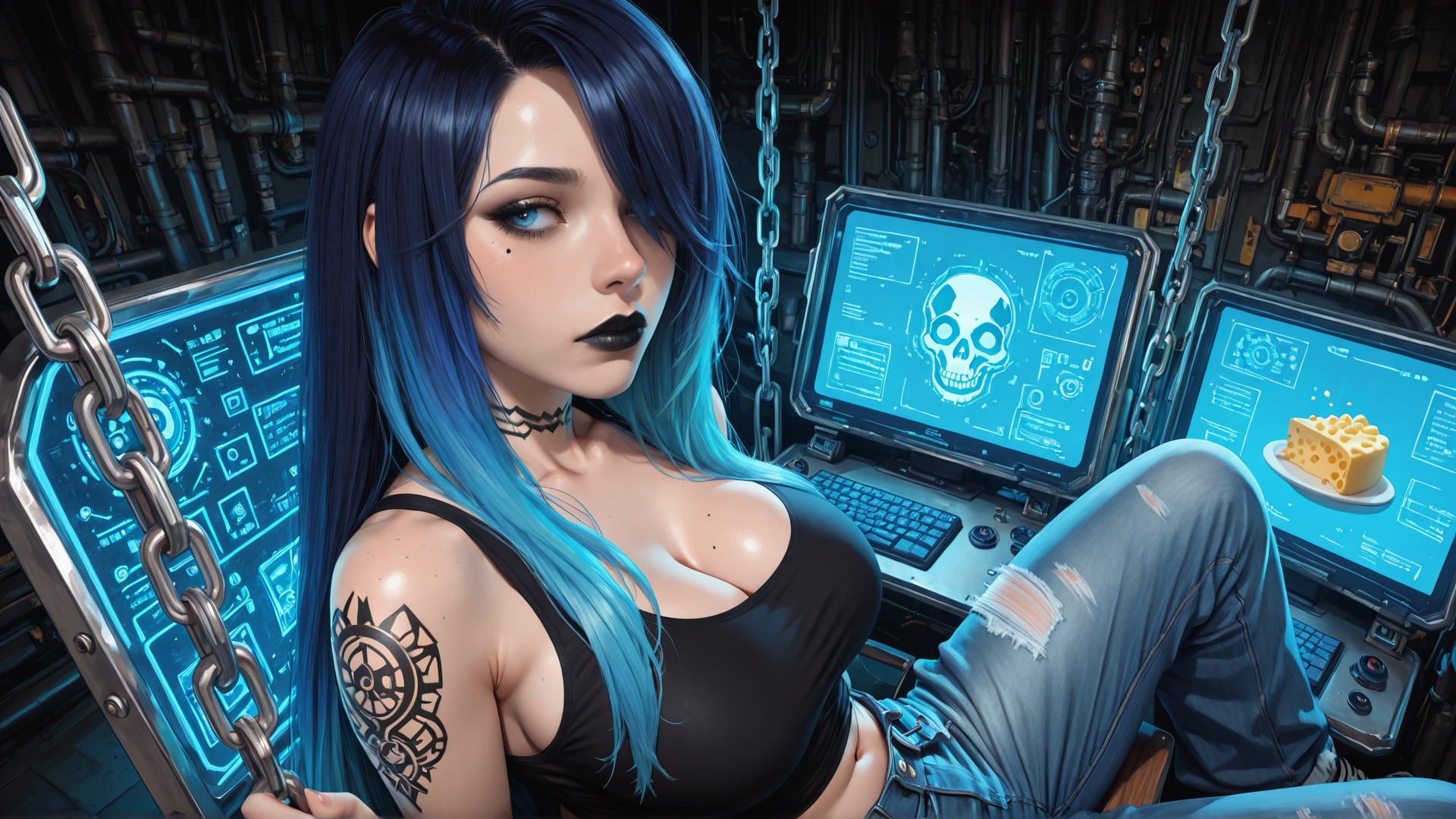 AI generated wallpaper featuring woman, computer, chain, screen, tattoo, jeans