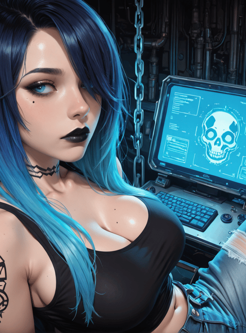 woman, computer, chain, screen, tattoo, jeans