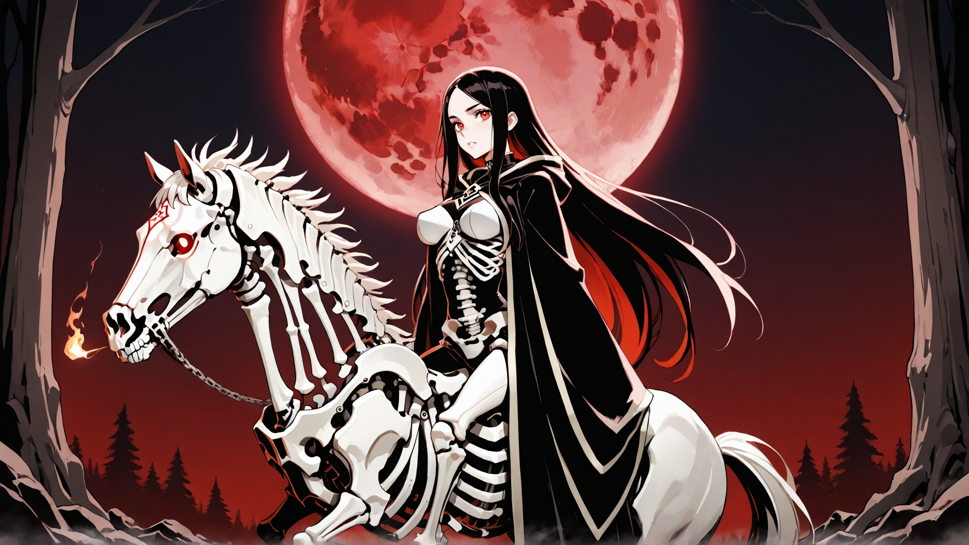 AI generated wallpaper featuring skeleton, woman, horse, red moon, forest