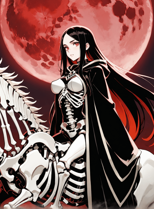 skeleton, woman, horse, red moon, forest