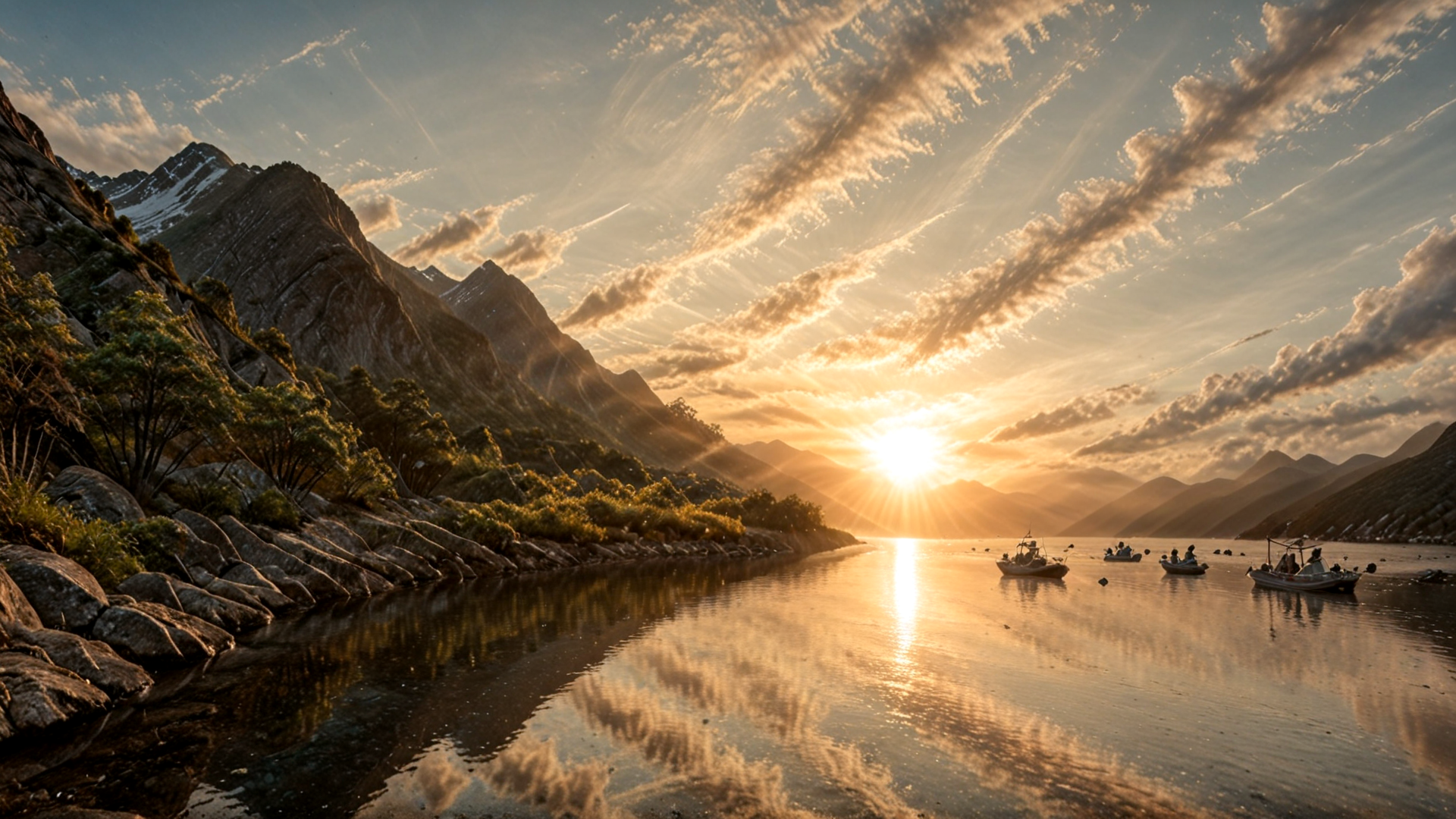 AI generated wallpaper featuring mountains, sun, river, boats, clouds, rocks, trees