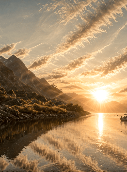 mountains, sun, river, boats, clouds, rocks, trees