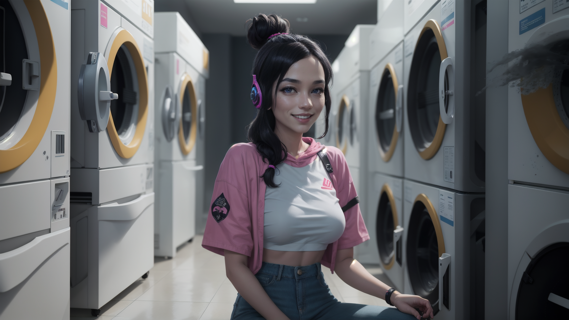 AI generated wallpaper featuring woman, laundry, washing machine