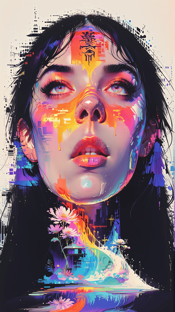 AI generated wallpaper featuring face, cityscape, flowers, text, abstract, painting