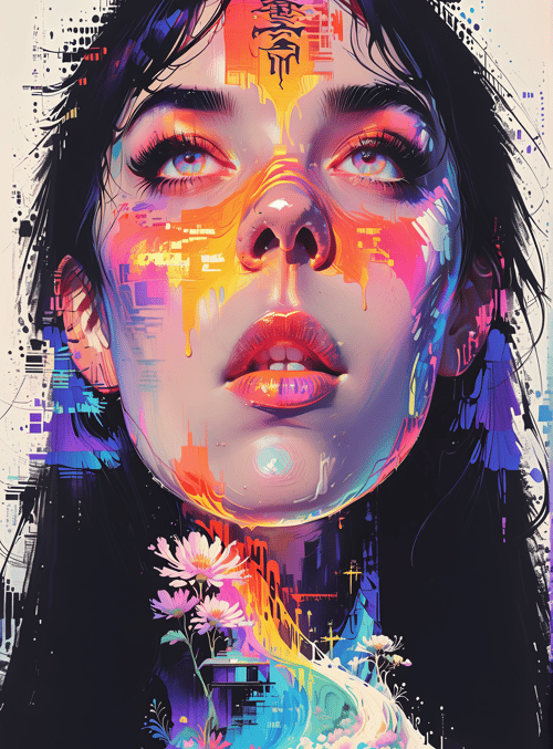 face, cityscape, flowers, text, abstract, painting
