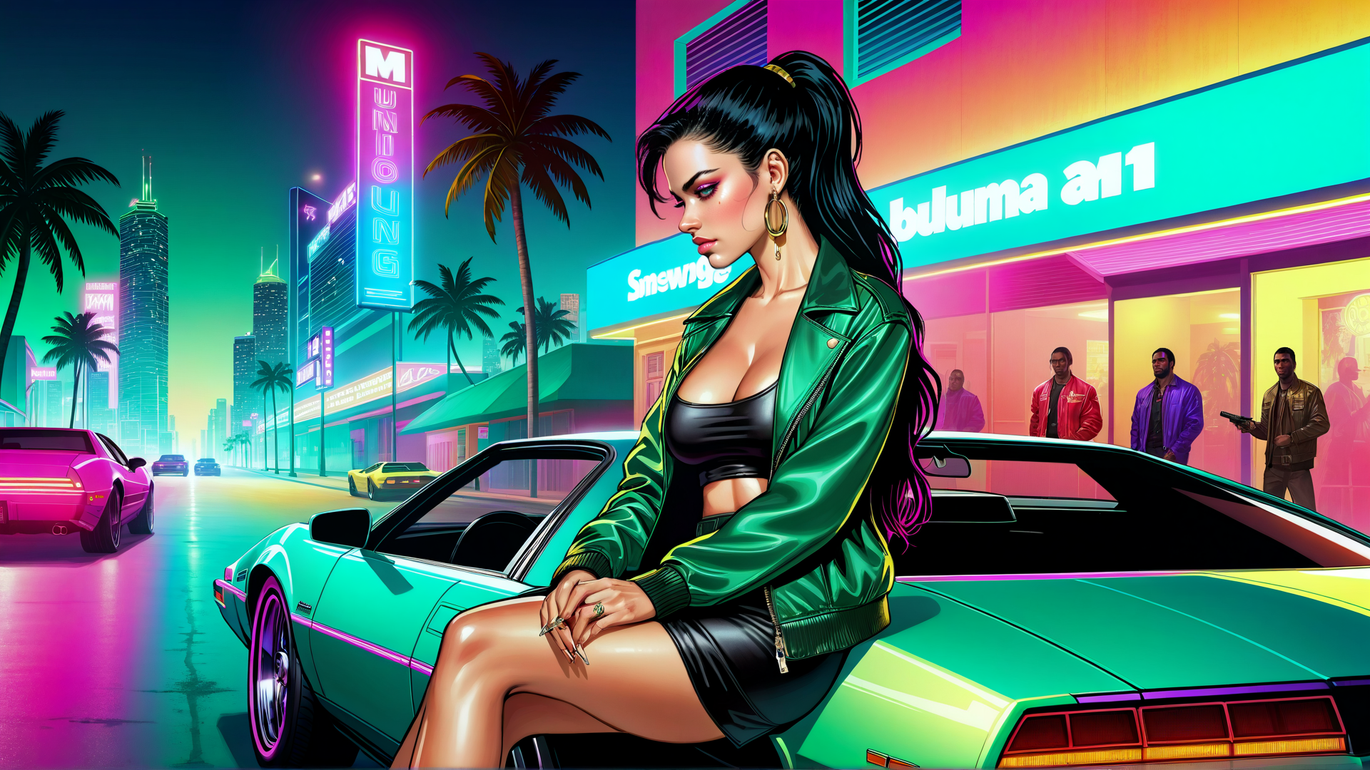 AI generated wallpaper featuring woman, car, city
