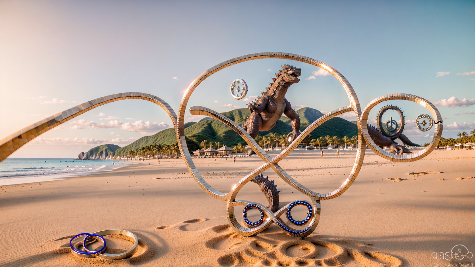 AI generated wallpaper featuring dragon, infinity_symbol, beach