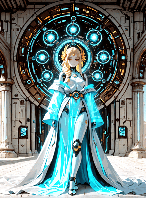 cyberpunk, futuristic, goddess, diorama, architecture, robot, ancient, woman, alien, flower