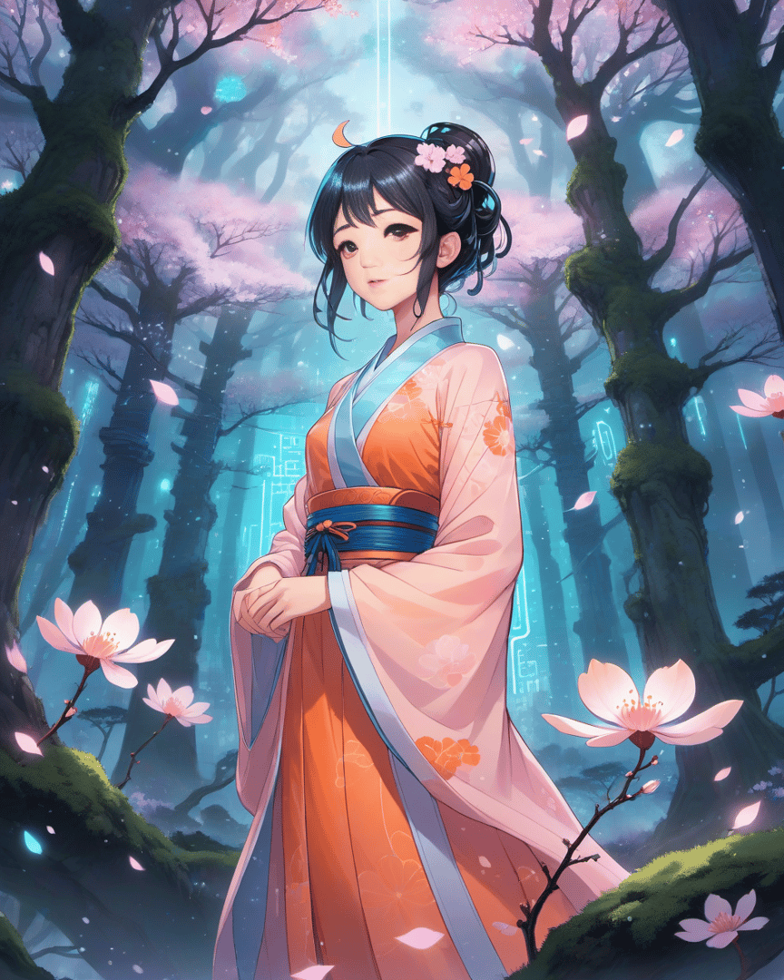 AI generated wallpaper featuring woman, cherry blossom, forest