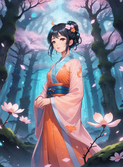 woman, cherry blossom, forest