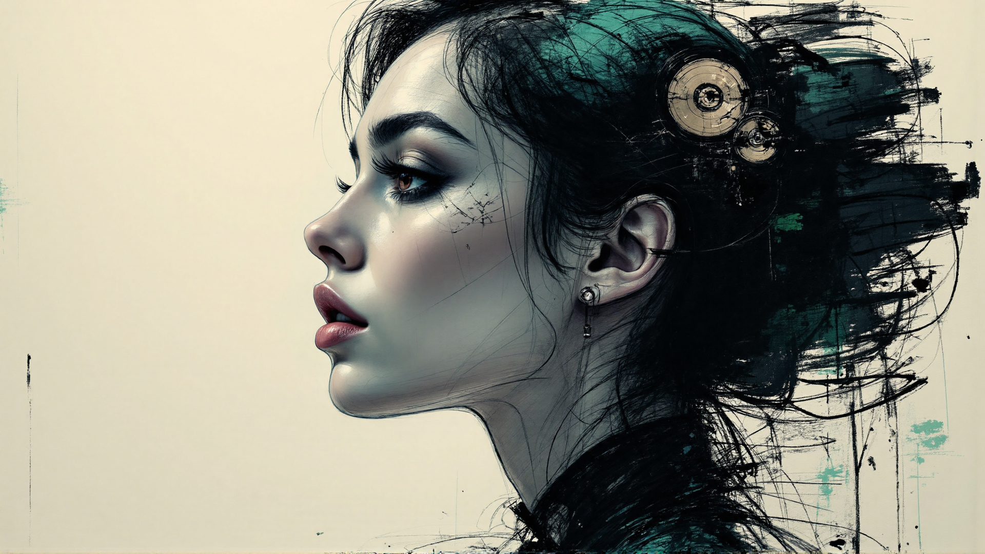 AI generated wallpaper featuring woman, gears, earrings, hair, portrait