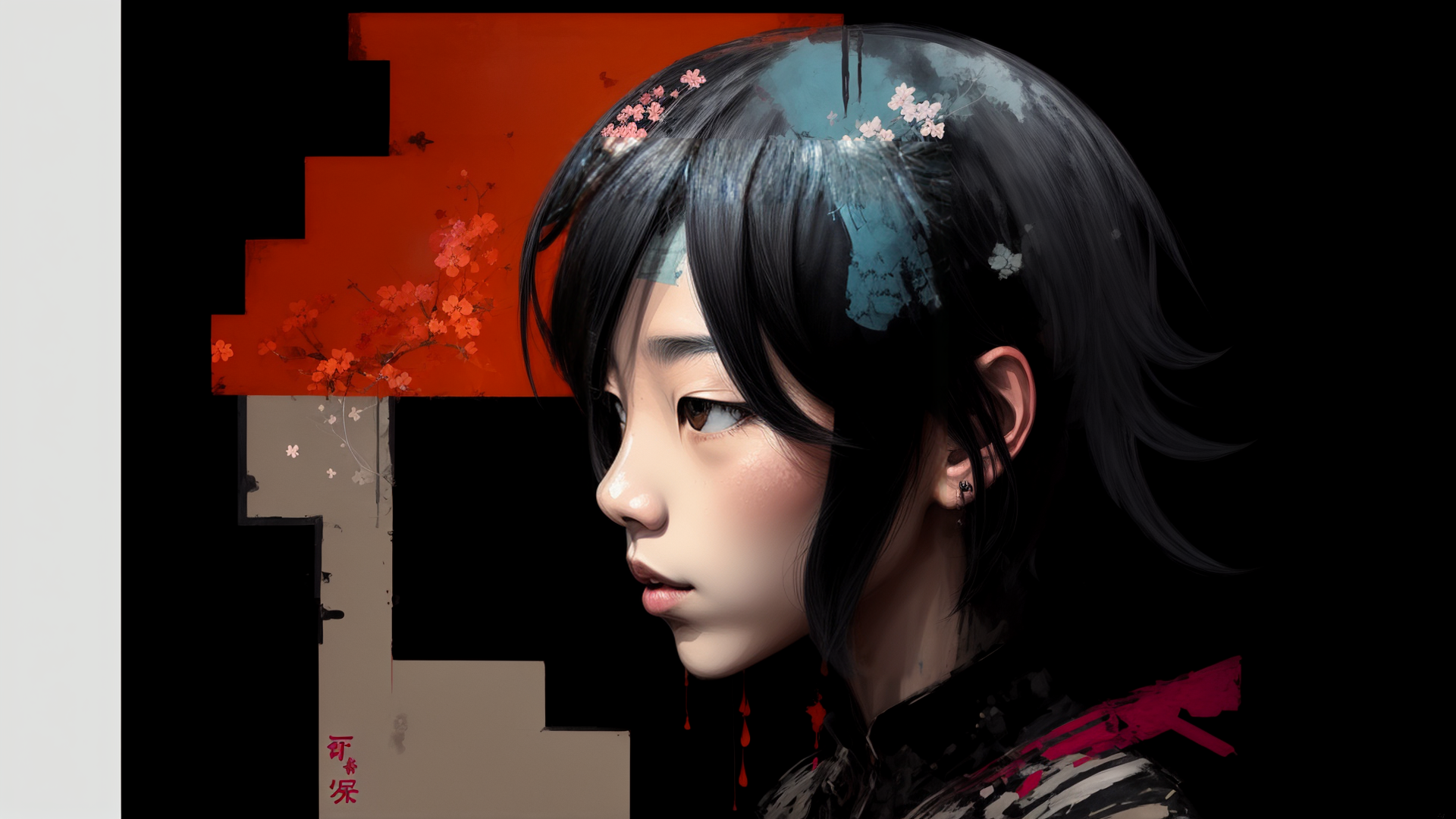 AI generated wallpaper featuring girl, cherry blossoms, traditional garment