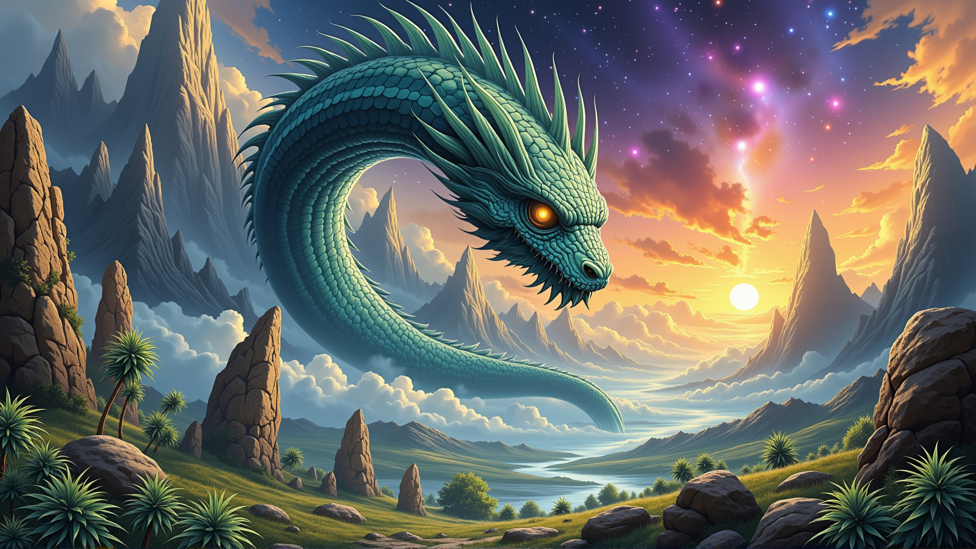 AI generated wallpaper featuring dragon, mountains, sky, sunset, clouds, rocks, grass, palm trees, river, stars