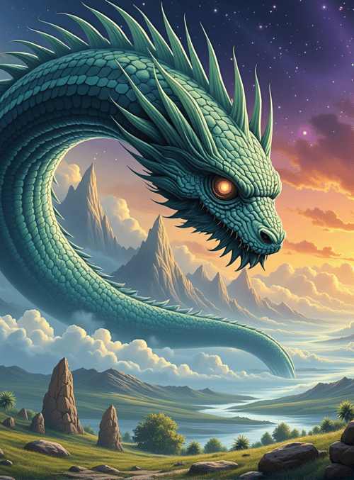 dragon, mountains, sky, sunset, clouds, rocks, grass, palm trees, river, stars