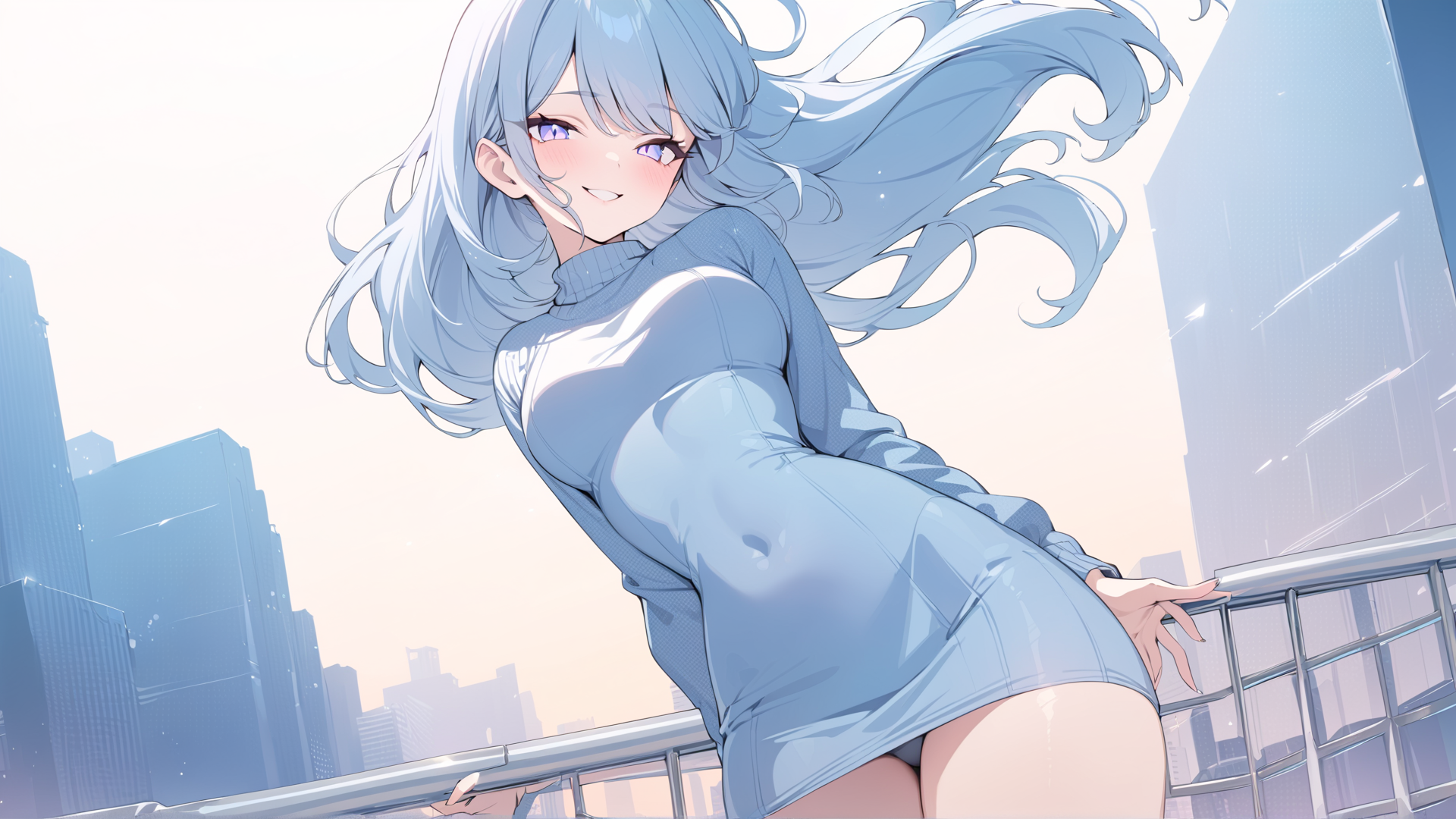 AI generated wallpaper featuring anime girl, cityscape