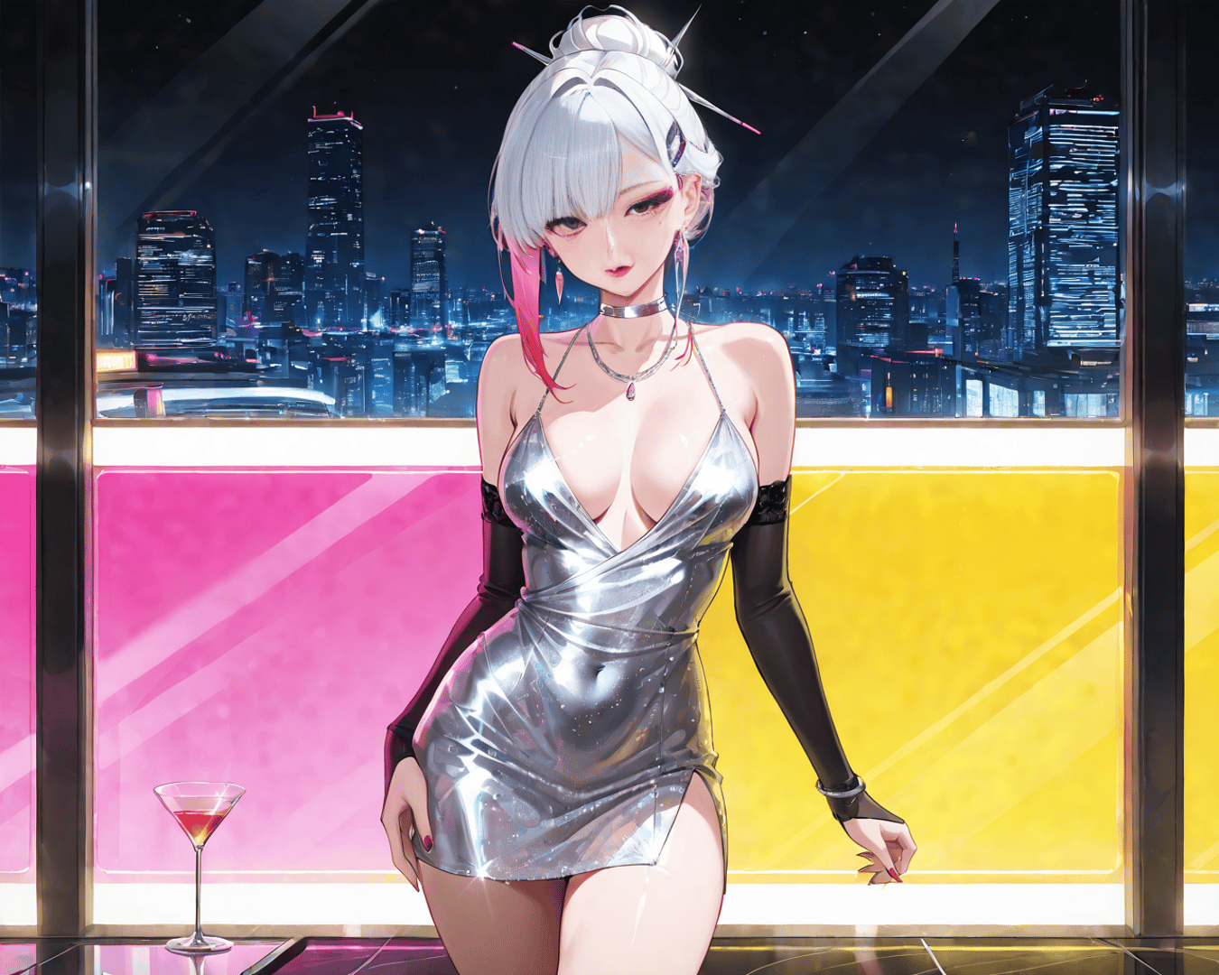 AI generated wallpaper featuring woman, cityscape, cocktail