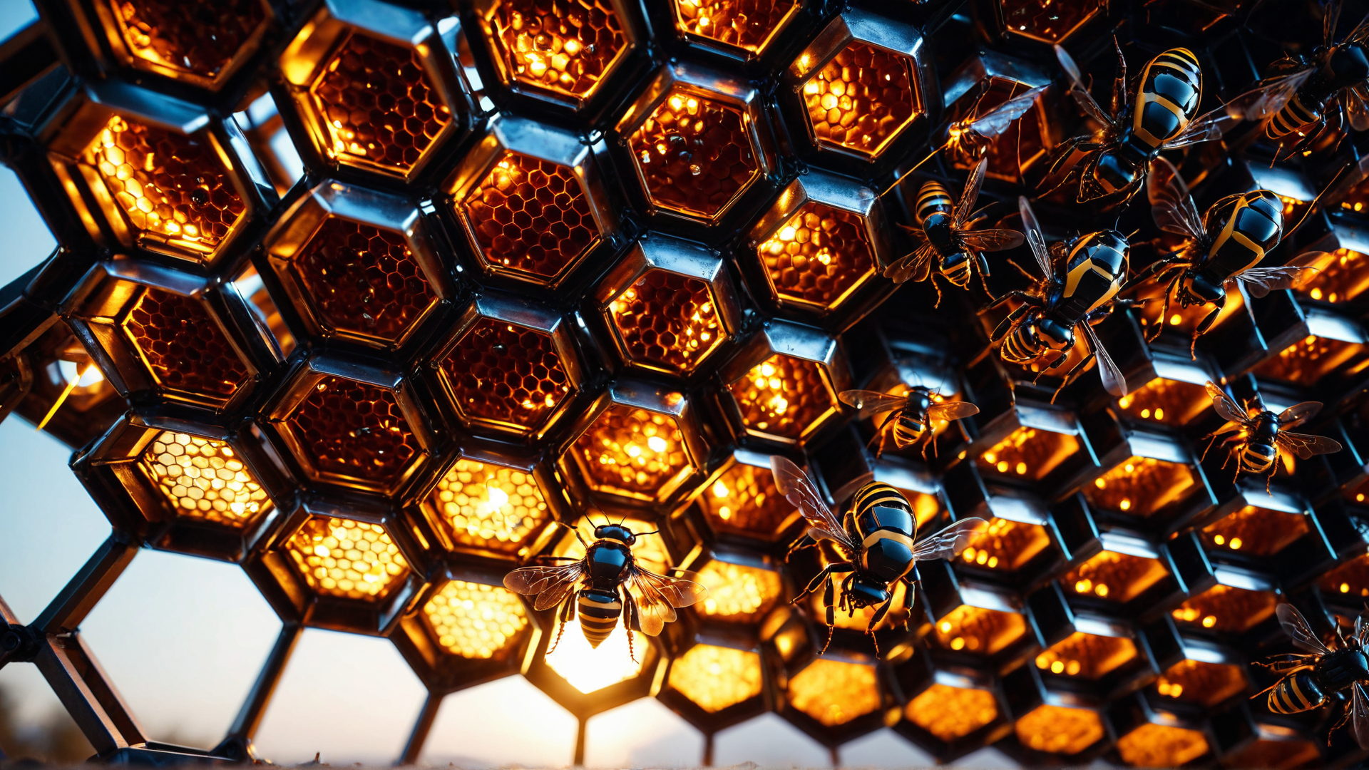 AI generated wallpaper featuring bees, honeycomb, hexagon, light, insect, structure
