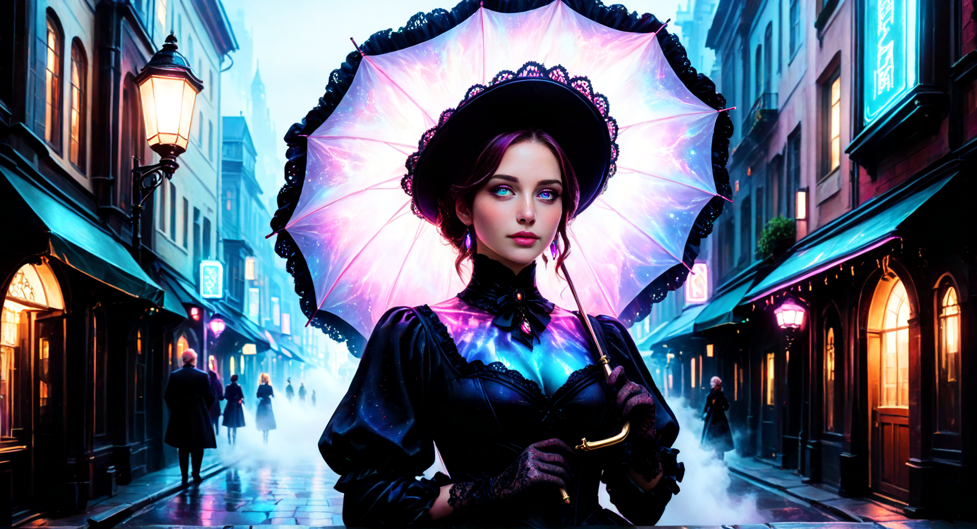 AI generated wallpaper featuring woman, umbrella, street