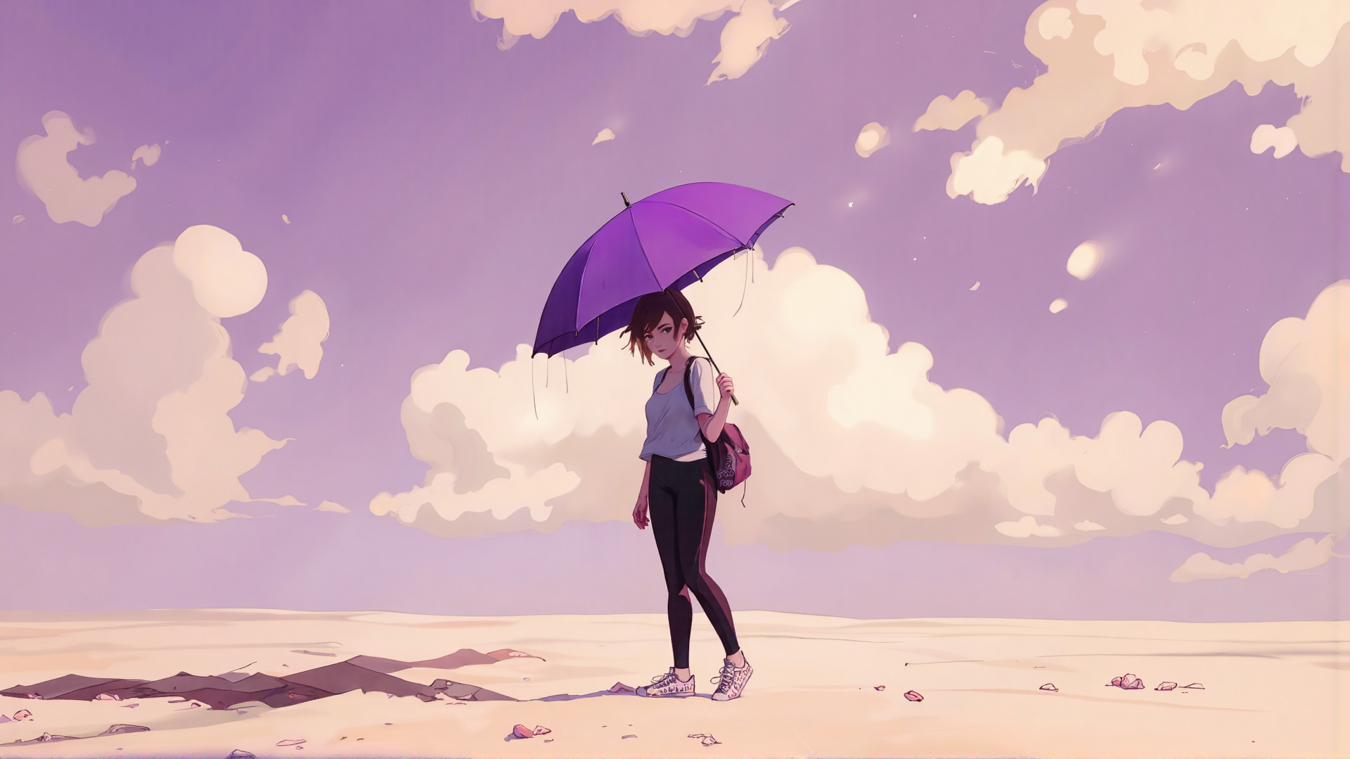 AI generated wallpaper featuring girl, umbrella, backpack, sand, clouds
