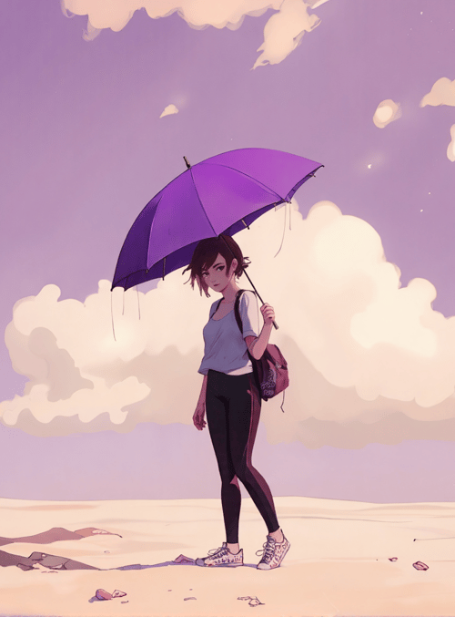 girl, umbrella, backpack, sand, clouds