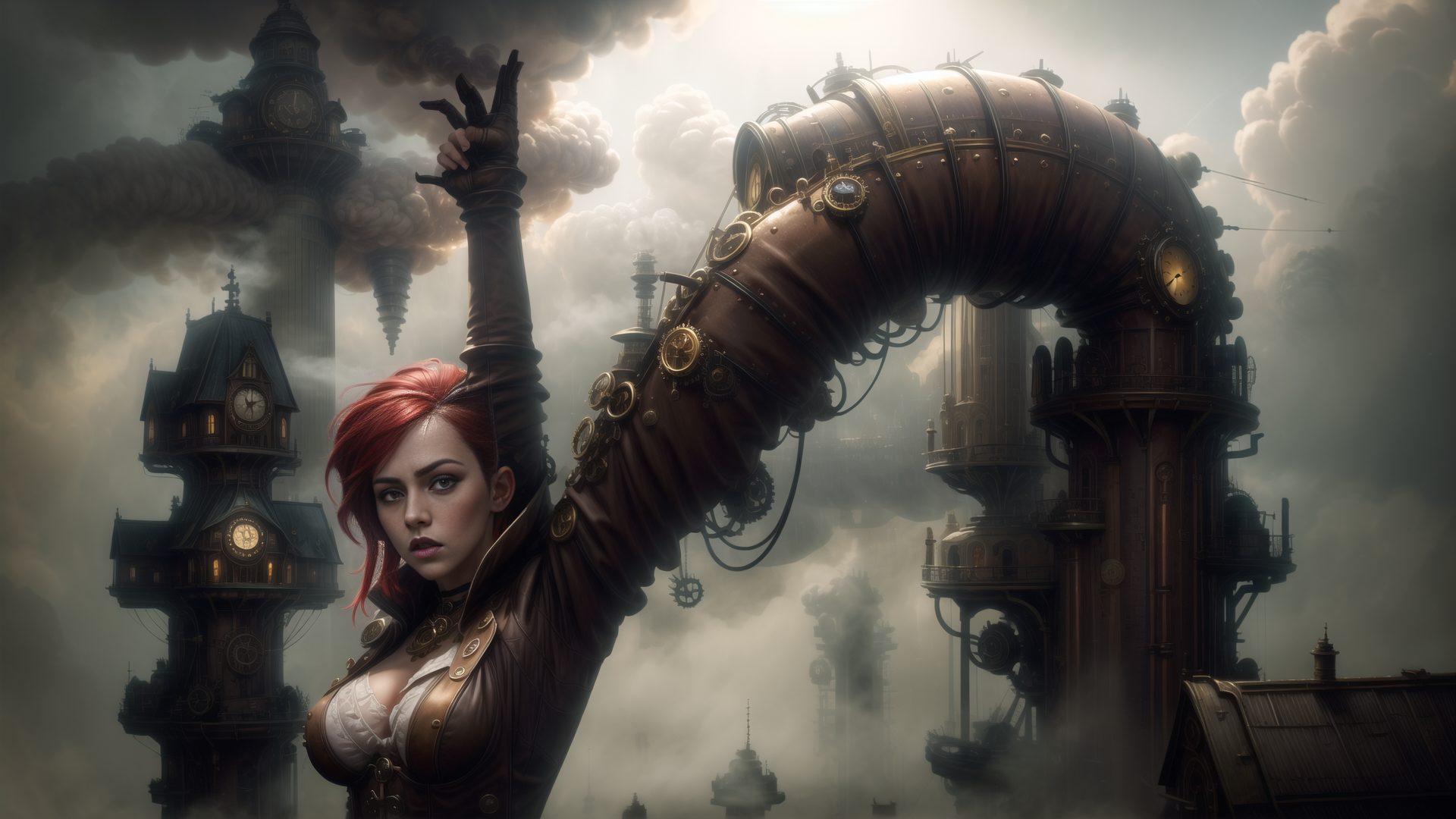 AI generated wallpaper featuring woman, clock tower, steampunk machinery