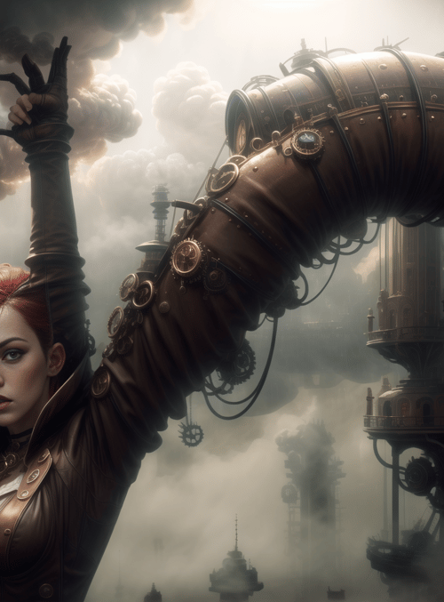 woman, clock tower, steampunk machinery