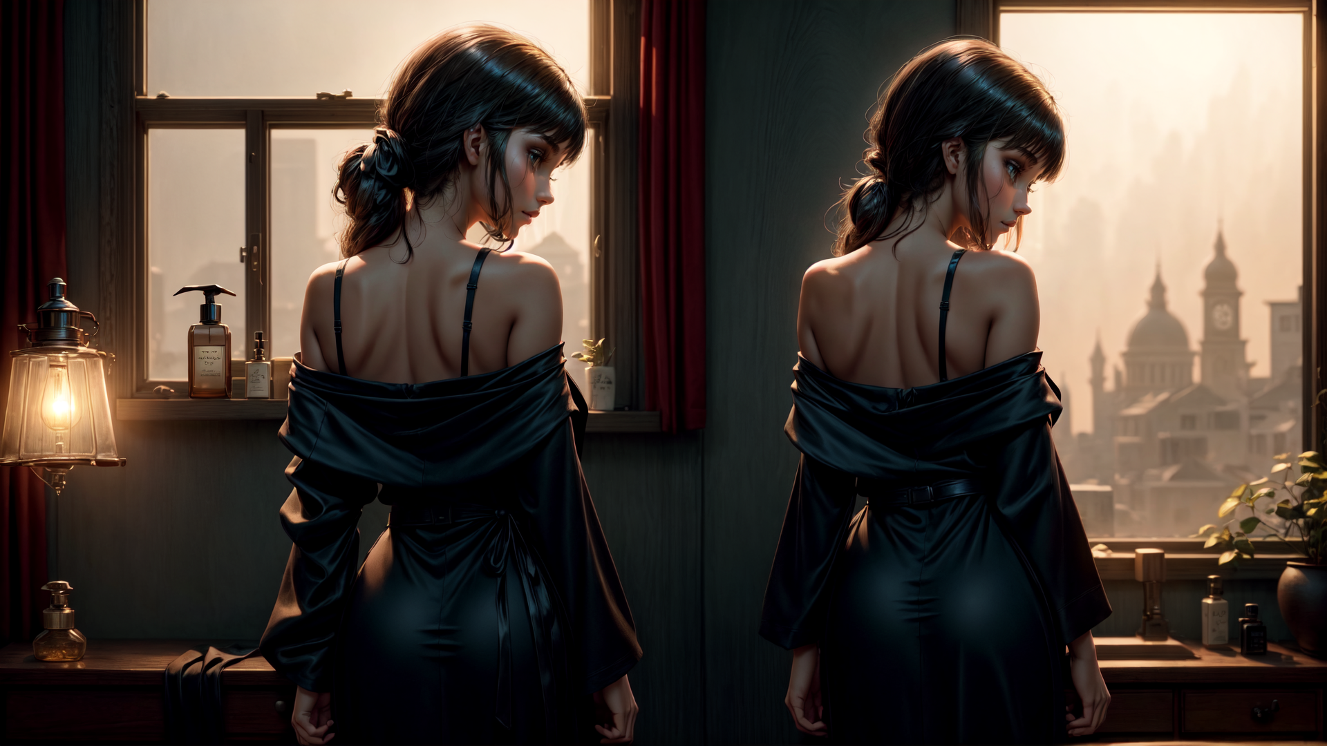 AI generated wallpaper featuring woman, dress, window, lamp, cityscape, mirror, curtain, bottle, plant, clock